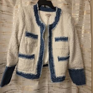 Women's White and Blue Tweed Jacket